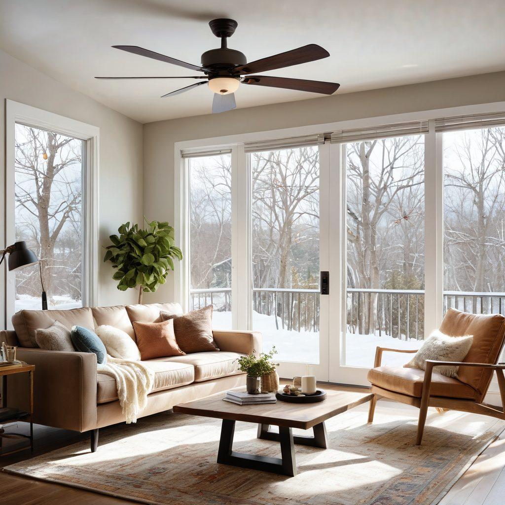 A cozy living room scene showcasing diverse fans: a stylish ceiling fan, a modern pedestal fan, and a charming outdoor fan, all set against a backdrop of seasonal decor representing winter and summer. Bright natural light illuminating the space emphasizes comfort and coolness, while illustrations of temperature gauges show both cool and warm climates. The image should evoke feelings of comfort and style in any setting. vibrant colors. modern design. high detail.