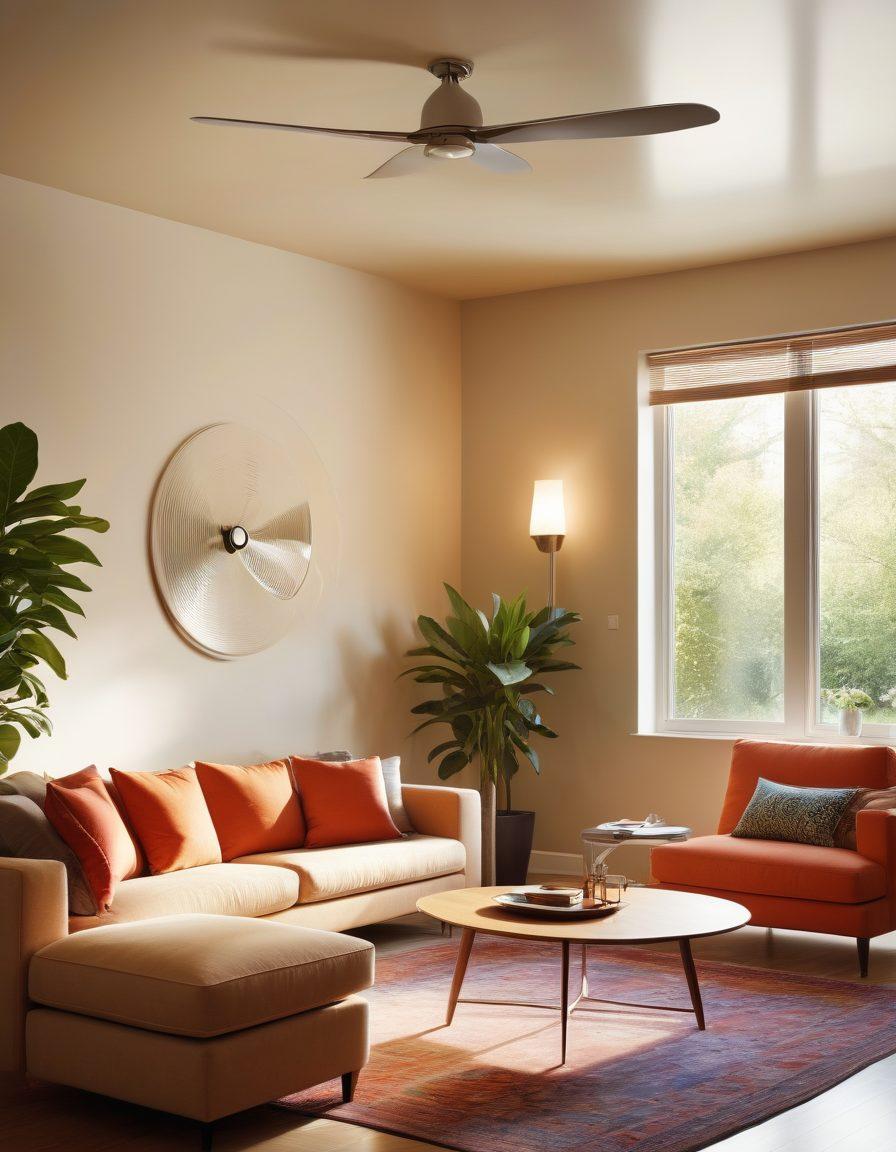 An inviting living room with a stylish circulation fan in the center, showcasing its sleek design while air circulates gently around. The room features warm, natural lighting to emphasize comfort, with cozy furniture and houseplants that symbolize energy efficiency. A digital thermometer displaying optimal temperature settings is subtly integrated in the background. Illustrate a sense of tranquility and modern innovation. super-realistic. vibrant colors. soft lighting.
