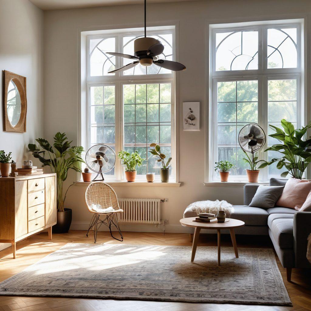 A serene living space featuring various stylish circulation fans in different designs, from modern to vintage, showcasing their functionality and aesthetics. Soft sunlight filtering through a window, illuminating the fans, while indoor plants add a touch of nature. The background subtly suggests various room settings: a cozy bedroom, a chic living room, and a bright kitchen. The overall scene conveys comfort and movement of air. super-realistic. vibrant colors. warm lighting.